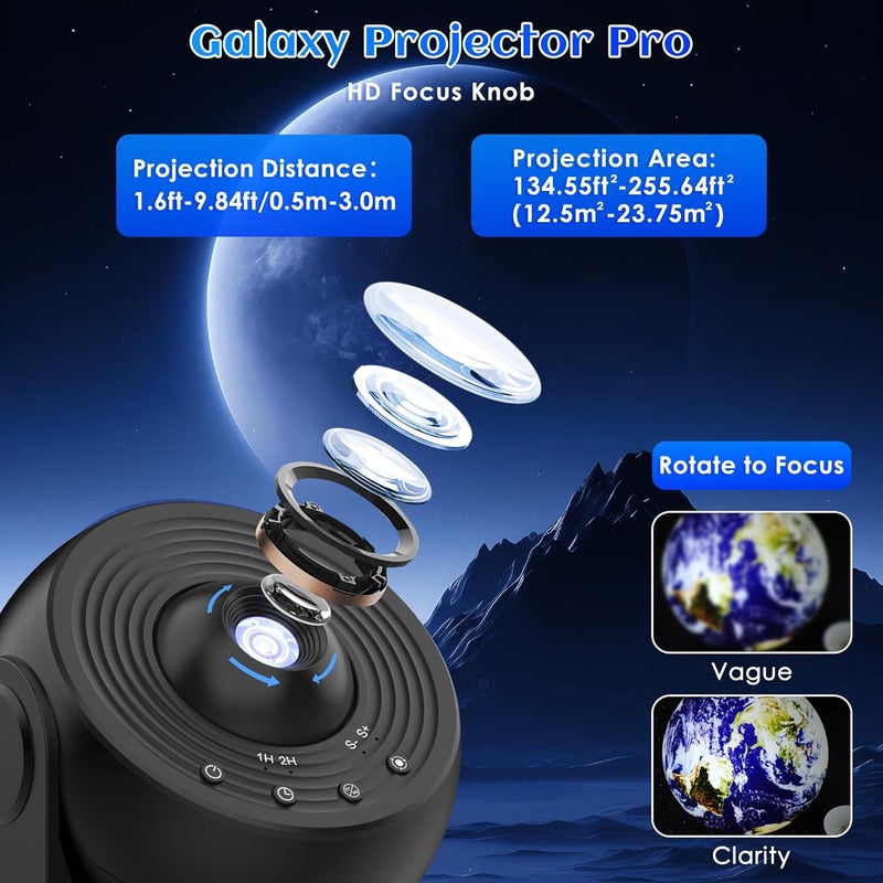 Ysonla Galaxy Projector for Bedroom Pro Version, HD 12 in 1 Film Discs Star Projector with Bluetooth Galaxy Light, Planetarium Projector with Timer, White Noise, 360 ° Rotation, Remote Control，Black - Image 4